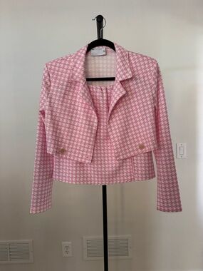 Women's Pink Houndstooth Cropped Jacket & Skirt Set